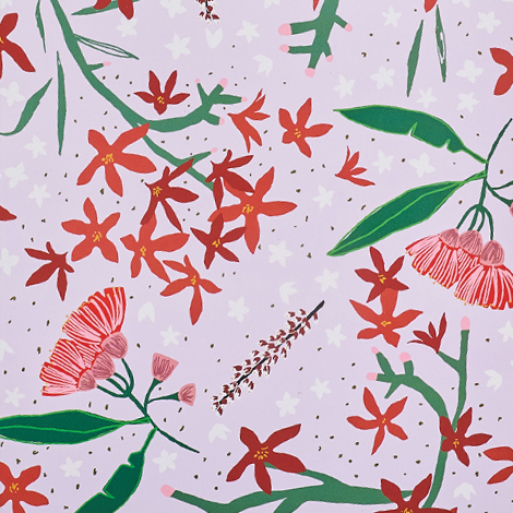 Wattle and Rose pattern featuring native red flowers on a light purple background